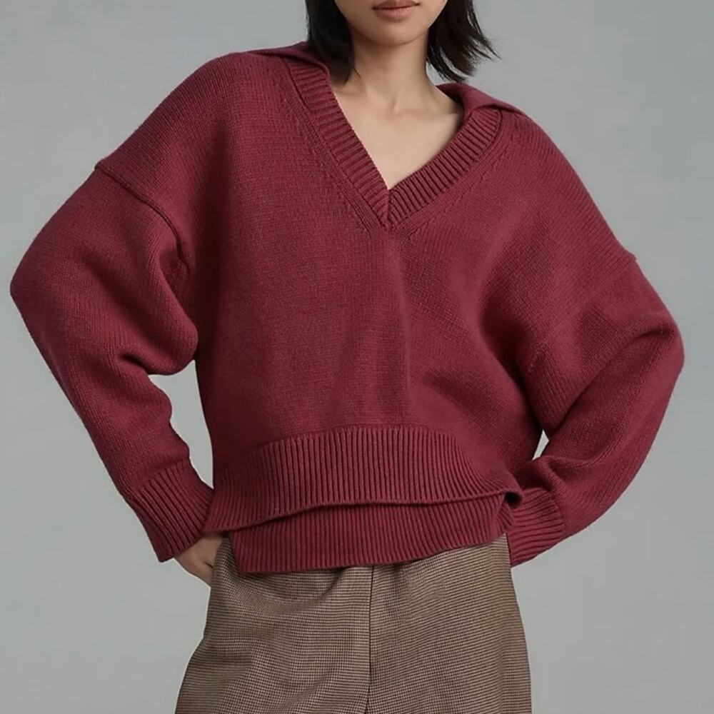 Anthropologie Maeve Layered Polo Wool Blend Sweater in Raspberry Pink Medium